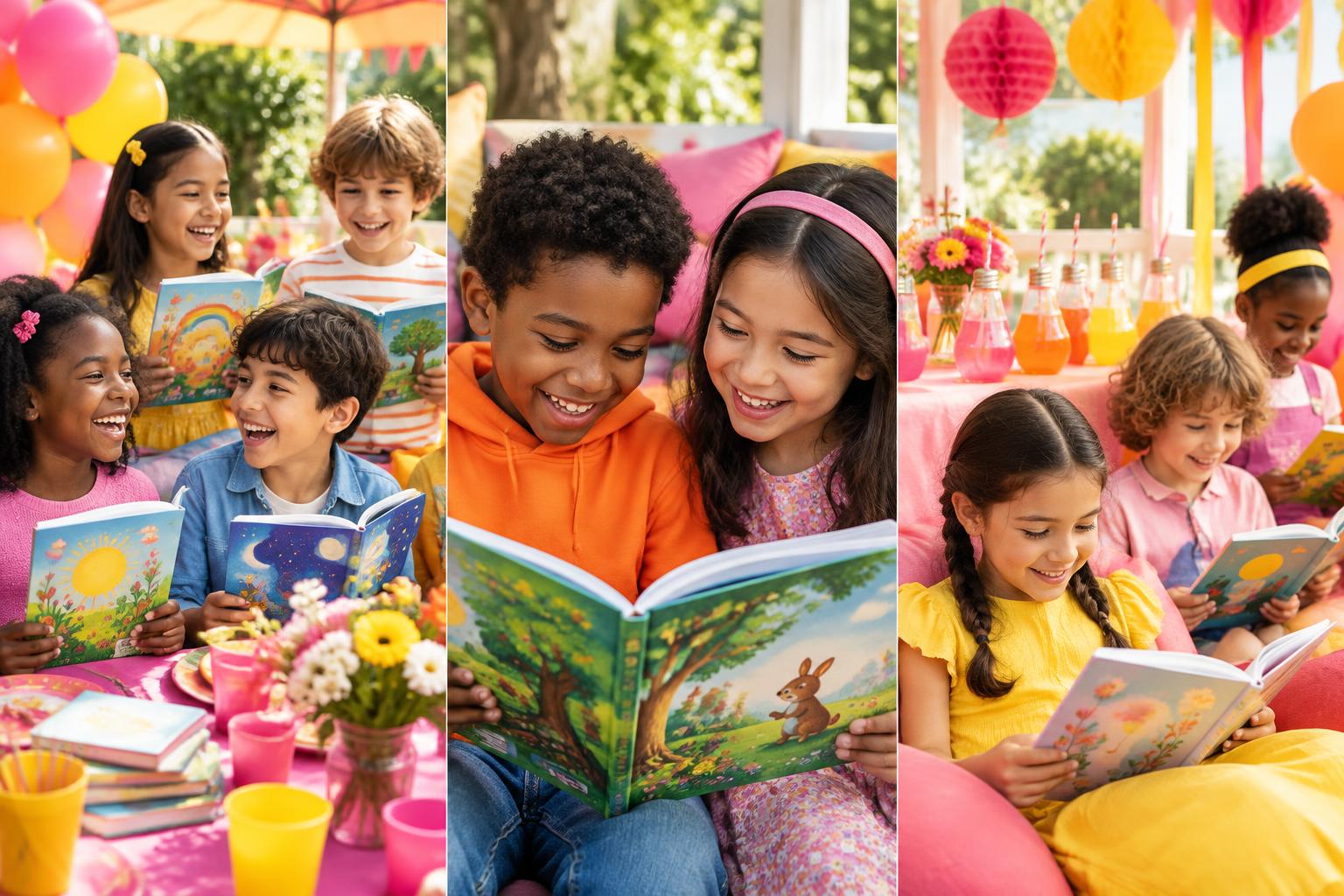 Children laughing together while sharing colorful books